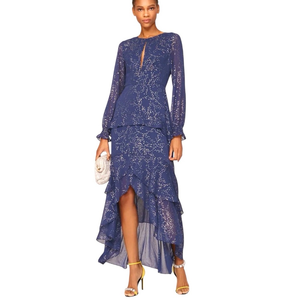 Anthropologie Hutch Molly Gown Navy Gold Sparkly Chiffon Ruffled Tiered Small 00 - Picture 15 of 15